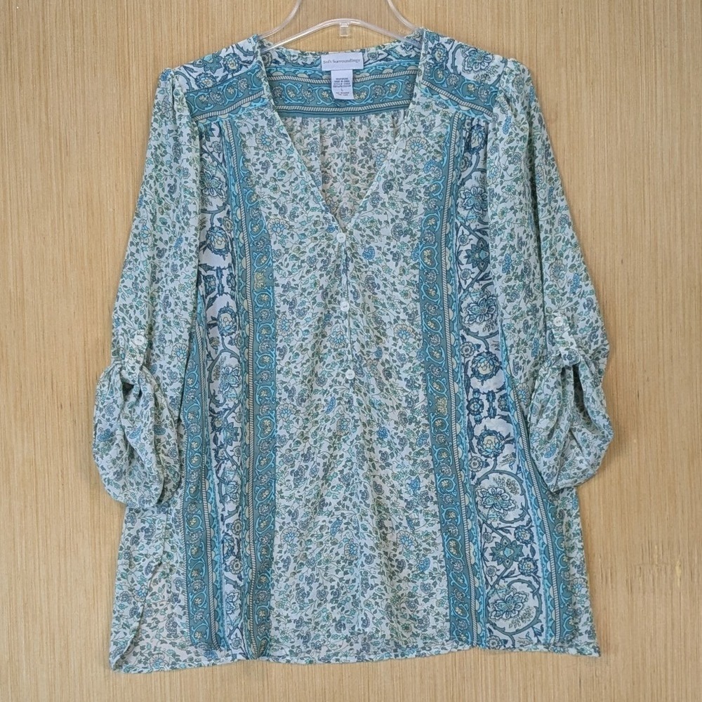 Soft Surroundings Boho Peasant Retro Resort Floral‎ Paisley Blue Tunic Top Large